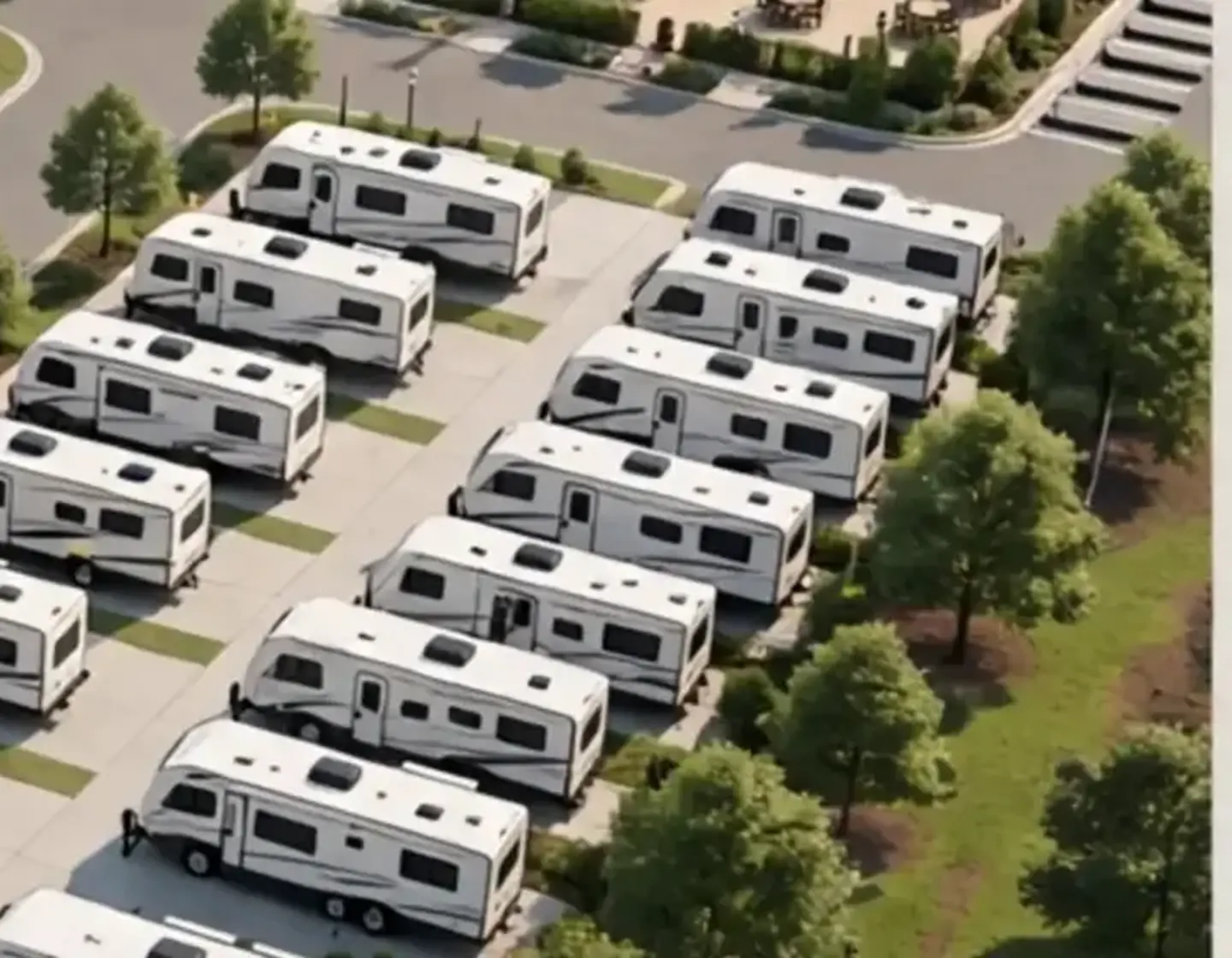 Detail from a concept rendering showing generous RV sites beside a landscaped green edge