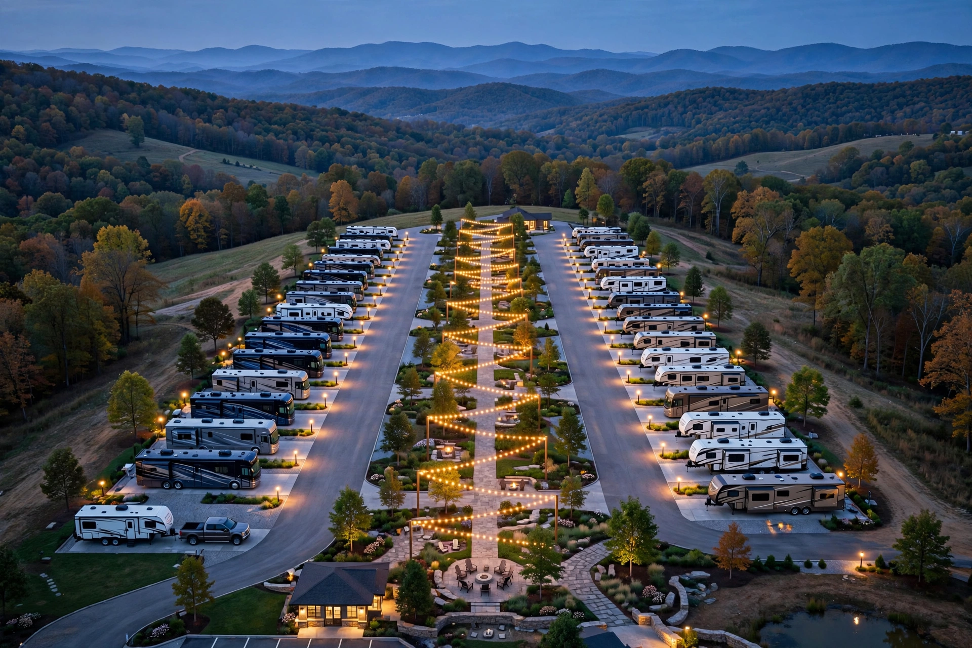 Concept rendering of the planned Rogersville RV Park at dusk with wide sites and a lit central gathering area