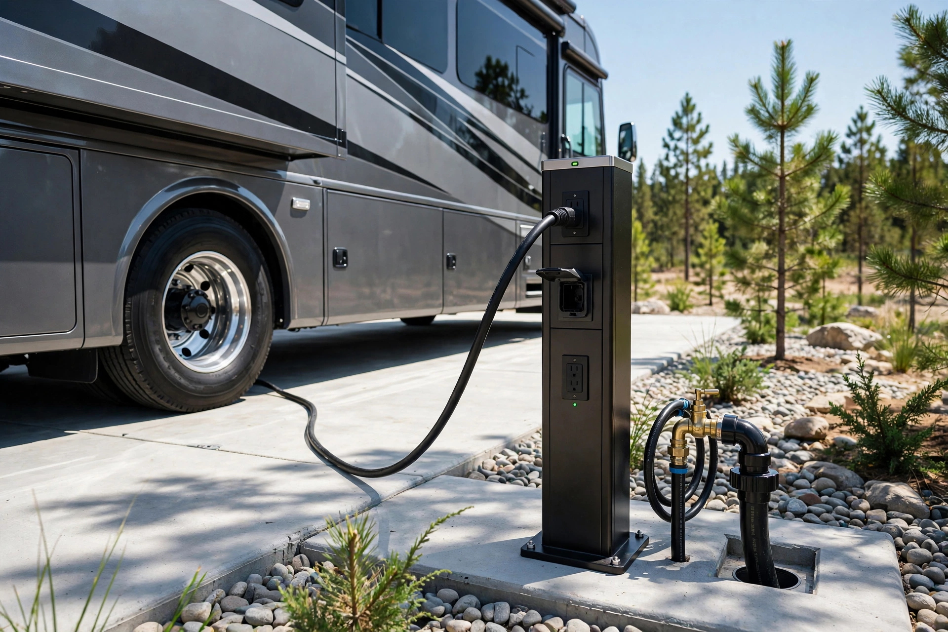 Concept rendering of power, water, and sewer hookups beside a spacious luxury RV site