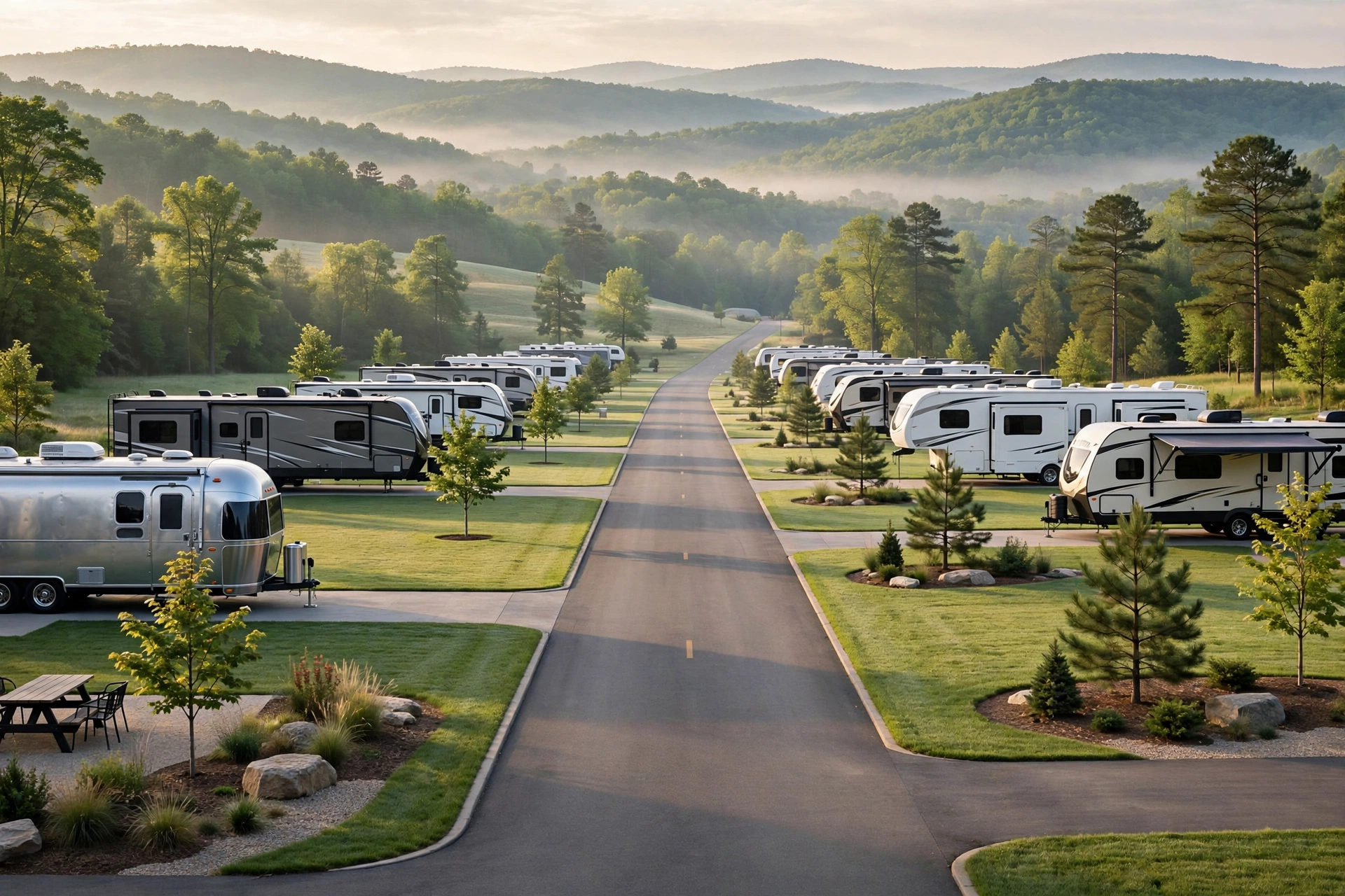 Concept rendering looking down a landscaped row of extra-long and extra-wide RV sites
